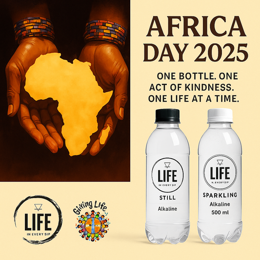 Africa Day 2025 graphic with LIFE water bottles, brand logos, and hands holding a glowing Africa map.