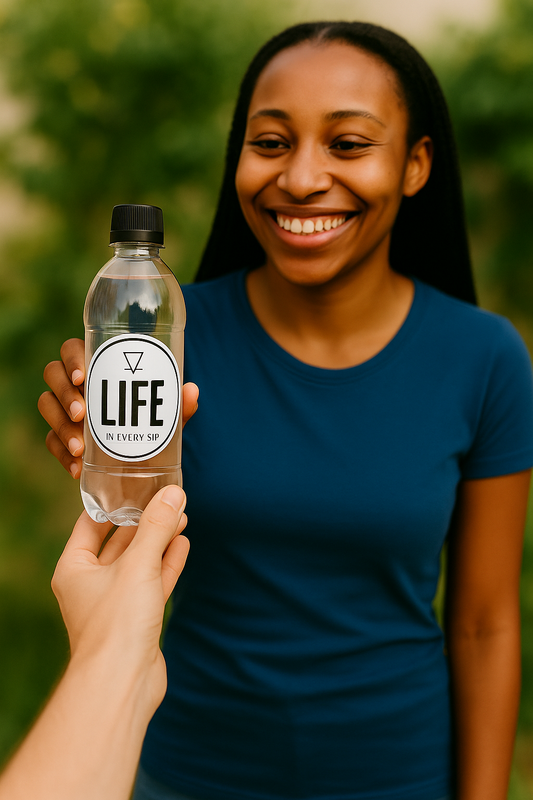 Woman handing over a LIFE Bottled Water bottle with a clear label and black lid.