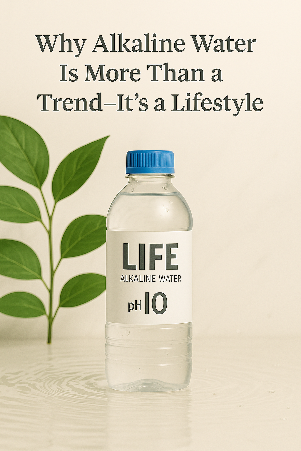 LIFE Alkaline Water bottle (pH 10) with leafy background and lifestyle headline.